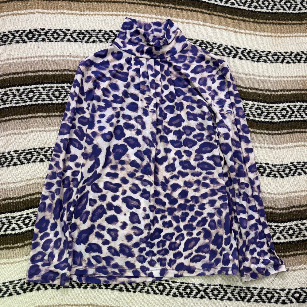 Women's Clara Sun Woo Purple Leopard Cheetah Print Pleated Mock Neck Shirt Sz M